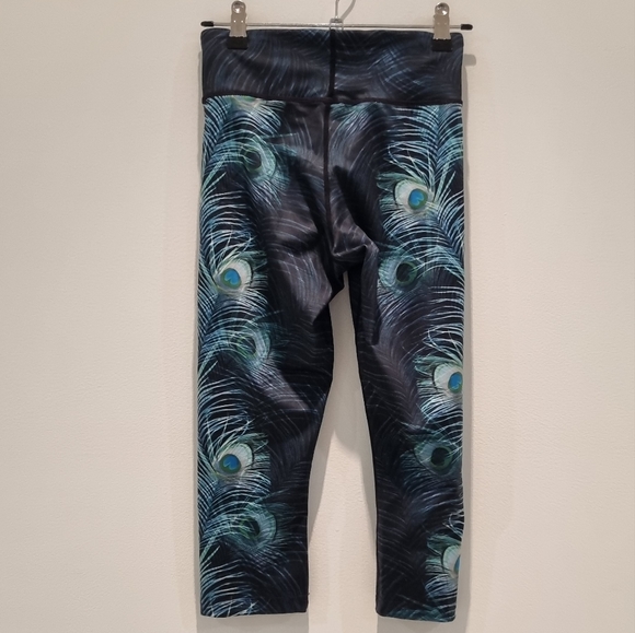 DHARMA BUMS Black Tights/Leggings with Teal Peacock Feather Print, Size XS - Picture 3 of 6